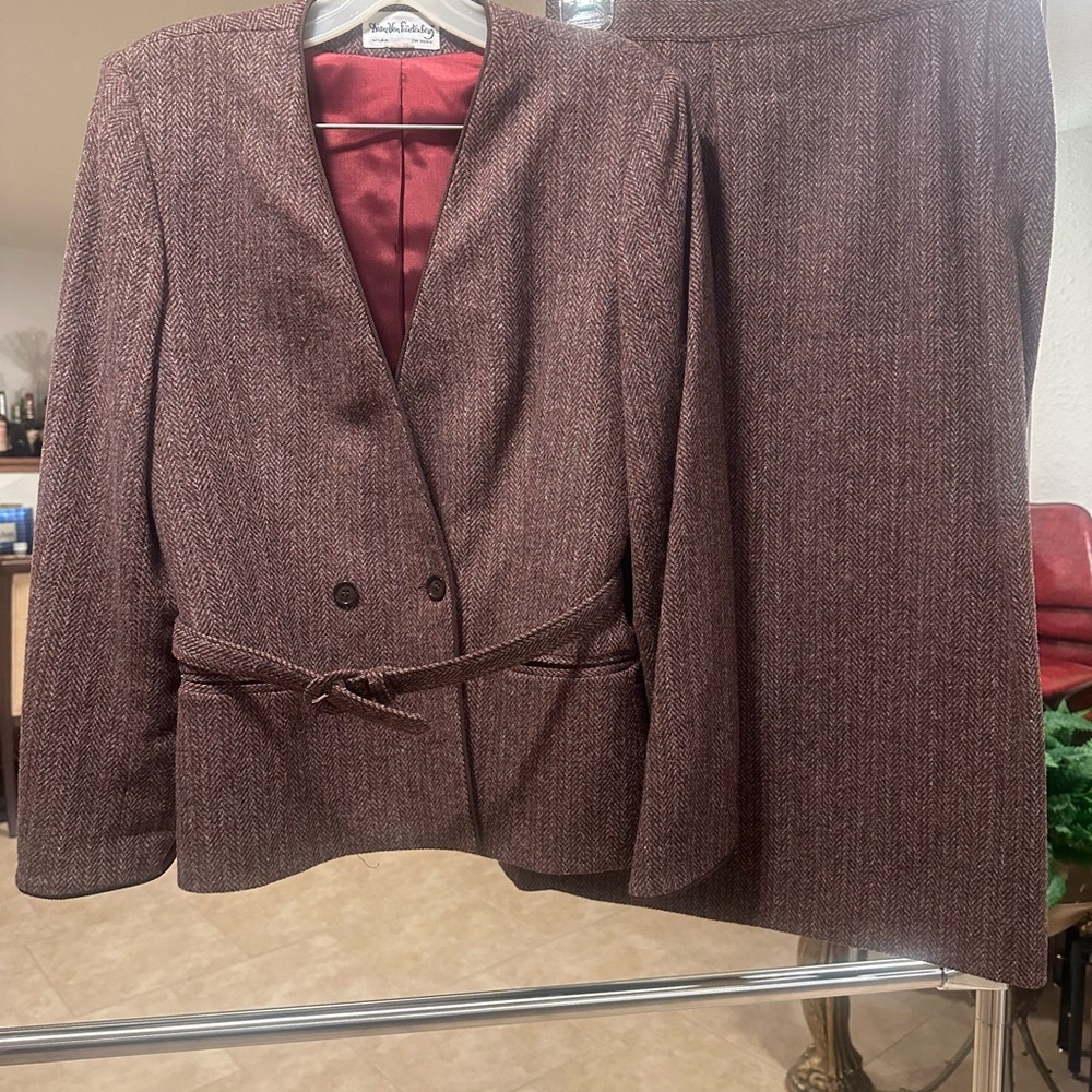 Diane Von Furstenberg Vintage Belted Burgundy Tweed Blazer & Skirt